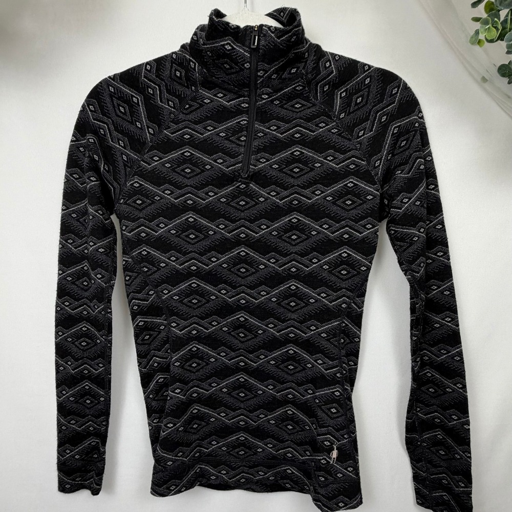 Smartwool Merino 250 Womens Small 1/4 Zip Base Layer Black Geometric Diamond